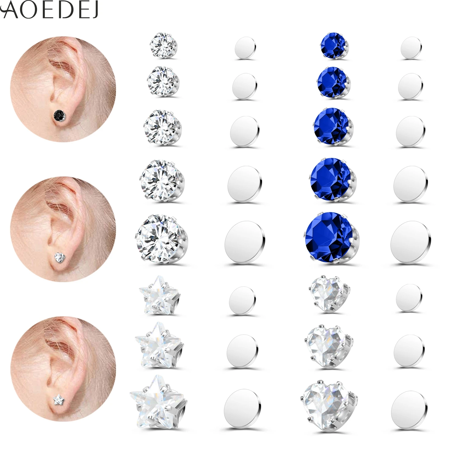 

AOEDEJ 1 Pair Stainless Steel Silver Color Magnet Clip Earrings 4/5/6/7/8MM CZ Crystal Ear Clips Star Heart No Piercing Earring