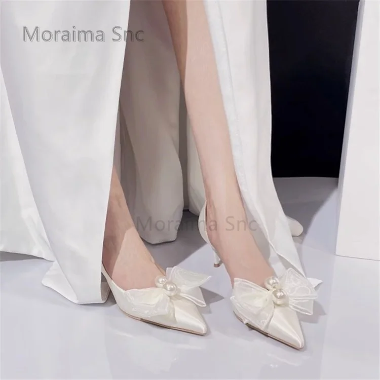 

Sweet Bride Wedding Shoes for Women Pearl Butterfly Knot Pointed Toe Side Empty High Heels Stiletto White Leather Women's Pumps