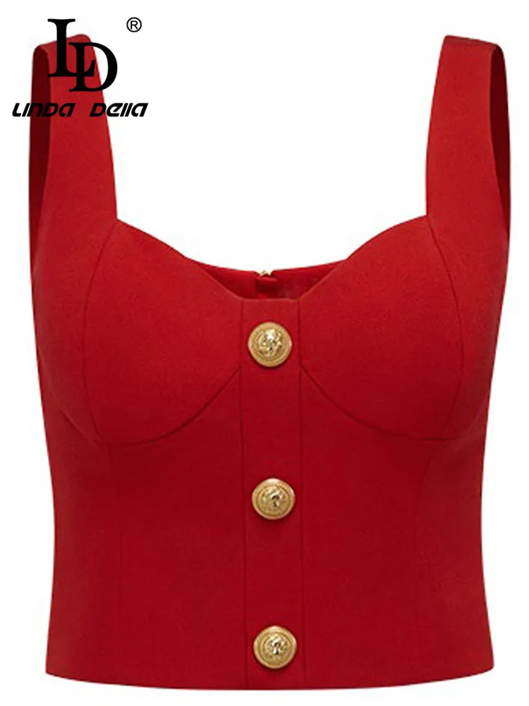 

LD LINDA DELLA Summer New Style luxury designer Suspender Women's Red Sexy Single-breasted Splice Beach Suspender Top