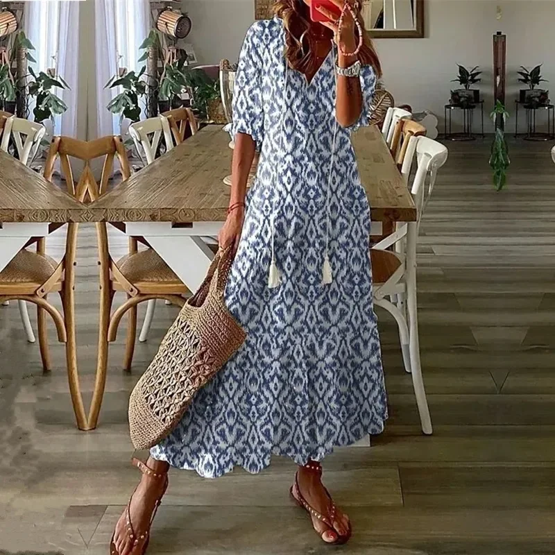 Women Vintage Printing Long Dress 2024 Summer Fashion V Neck Half Sleeve Dresses Female Casual Loose Lace Up Boho Maxi Dresses
Women Vintage Printing Long Dress 2024 Summer Fashion V Neck Half Sleeve Dresses Female Casual Loose Lace Up Boho Maxi Dresses