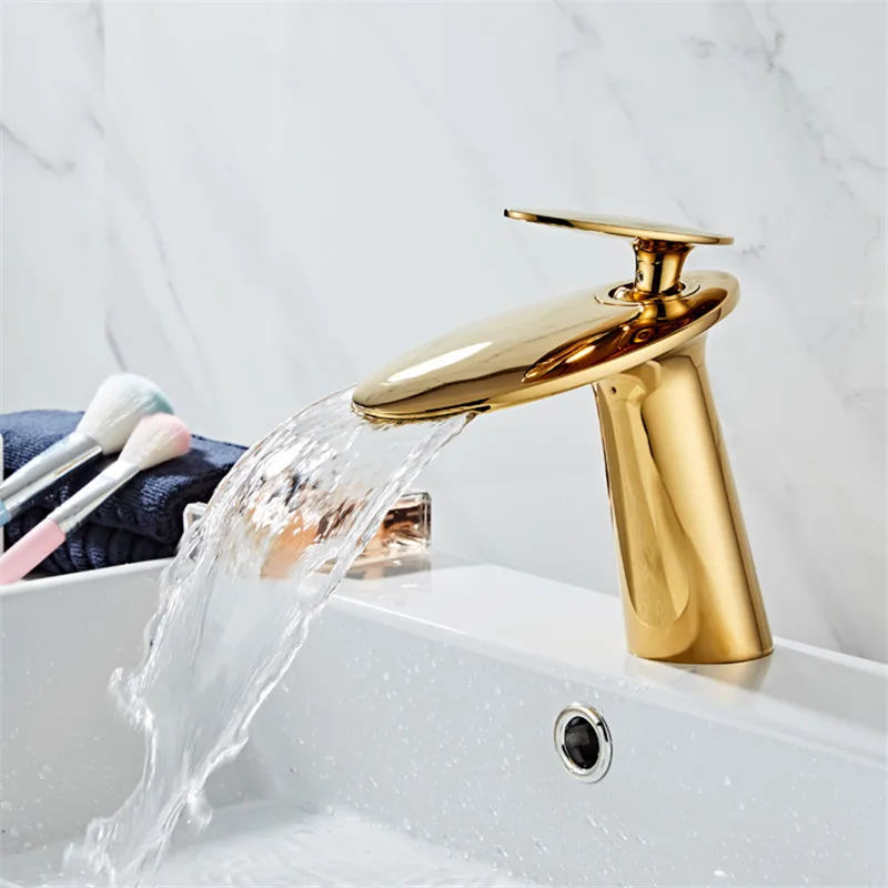 

Brushed Gold Basin Faucet Brass Rose Gold Bathroom Faucet Cold Hot Waterfall Mixer Sink Tap Single Handle Deck Mounted Gold Tap