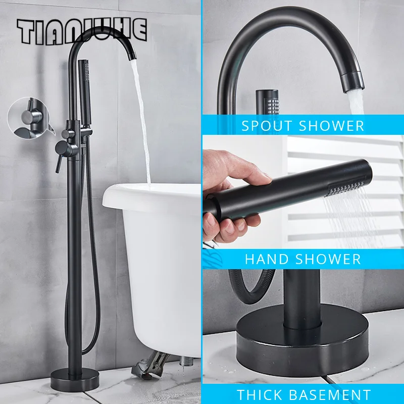 

Floor Mount Bathtub Faucet Freestanding Tub Filler Matte Black Shower Faucets with Handheld Shower Mixer Taps Swivel Spout