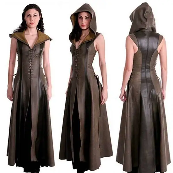 

Women Cosplay Hooded Archer Costume PU Leather Long Dress Sleeveless Medieval Women Costume Warrior Suit