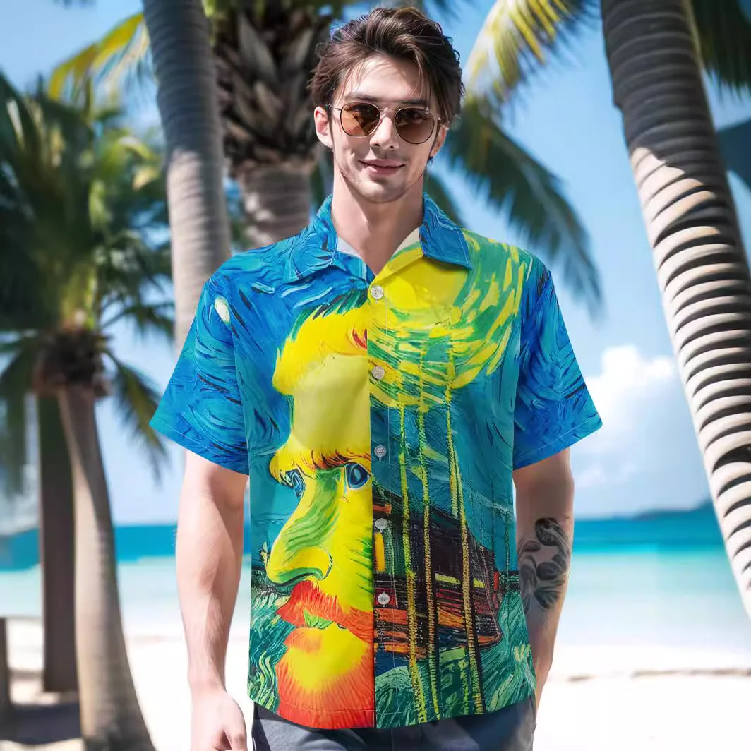 

Гавайская рубашка для мужчин, праздничный топ с коротким рукавом и принтом масляной живописи, Повседневная Блузка оверсайз для отпуска, европейские размеры, на лето