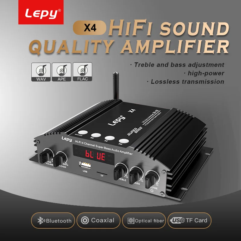 

LEPY X4 HIFI 4 Channel Bluetooth 5.0 Power Amplifier, Optical Fiber, Coaxial Input, 2.1 Audio Amplificador Dual Subwoofer Output