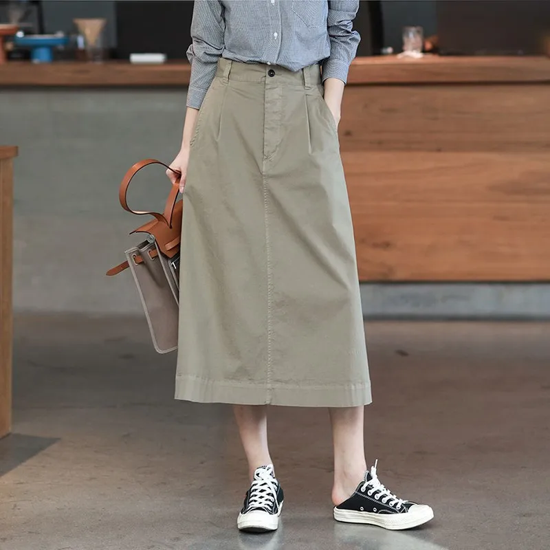 

Spring Autumn Korea Fashion Women High Waist Loose A-line Skirt All-matched Casual Solid Cotton Long Skirt high quality P490