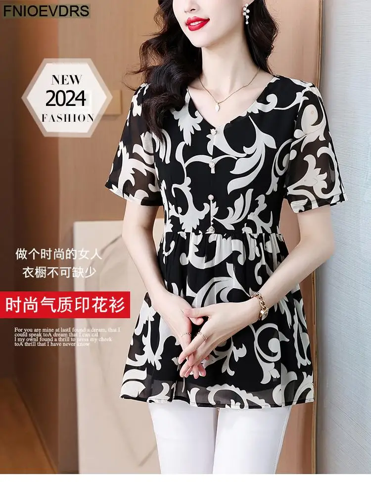 L-5XL Loose Clothes 2024 Women Summer Elegant Ruffles Button Shirts Retro Patchwork Black Floral Tunic Peplum Tops And Blouses L-5XL Loose Clothes 2024 Women Summer Elegant Ruffles Button Shirts Retro Patchwork Black Floral Tunic Peplum Tops And Blouses