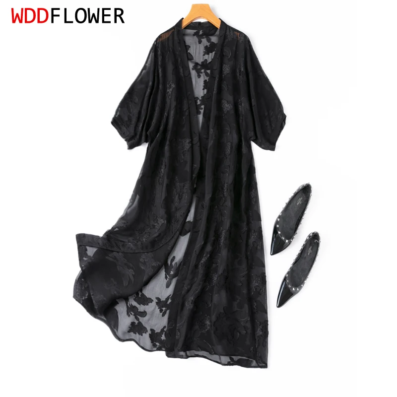 

Women Long Cardigan 100% Mulberry Silk Thin Type Black Jacquard Long Top Kimono Shawl Coat Blouse Summer Beach Cover Up M1098