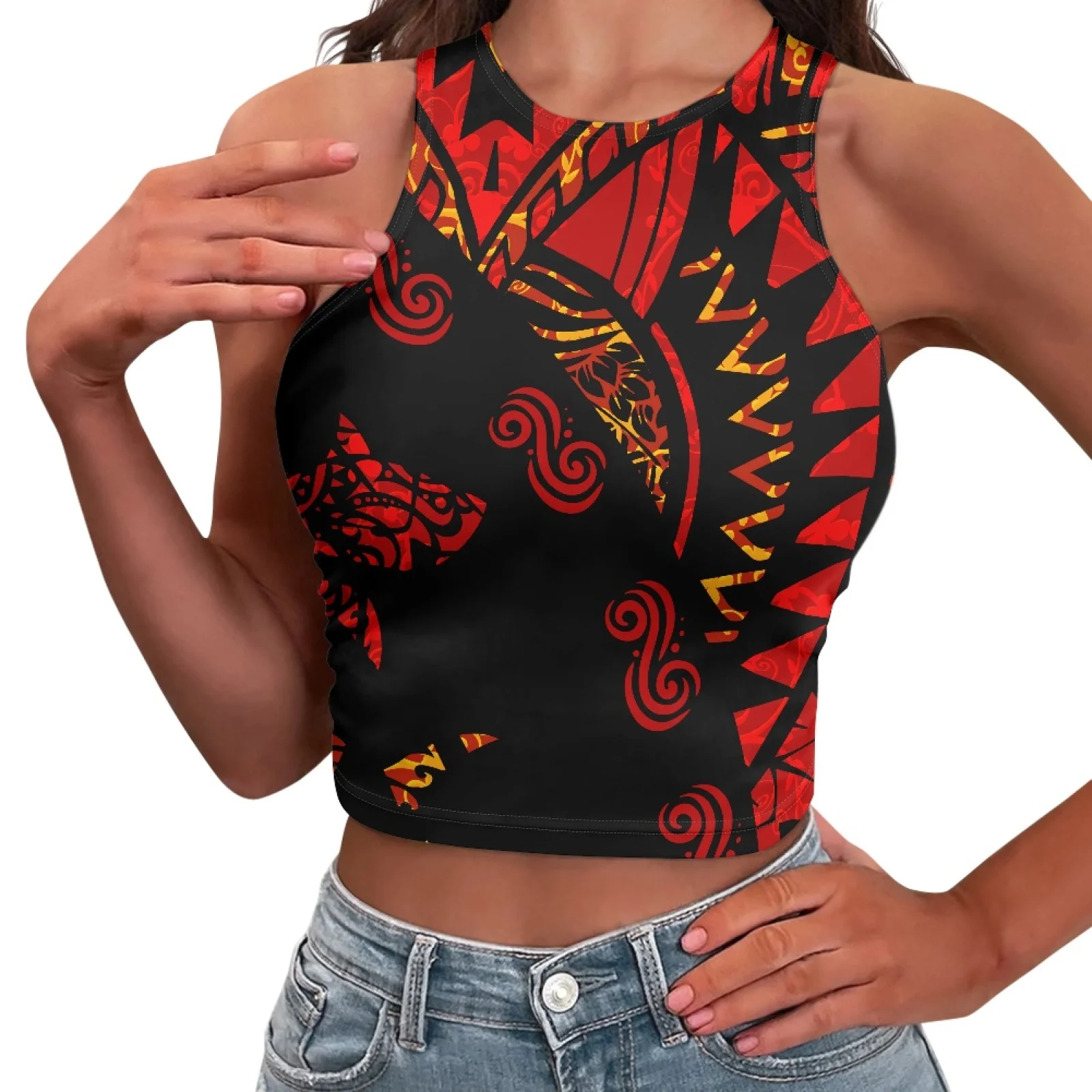 

Polynesian Tribal Pohnpei Totem Tattoo Prints Woman O-Word Shoulder Halter Sleeveless Top Fashion Glamorous Sexy Wedding Outfit