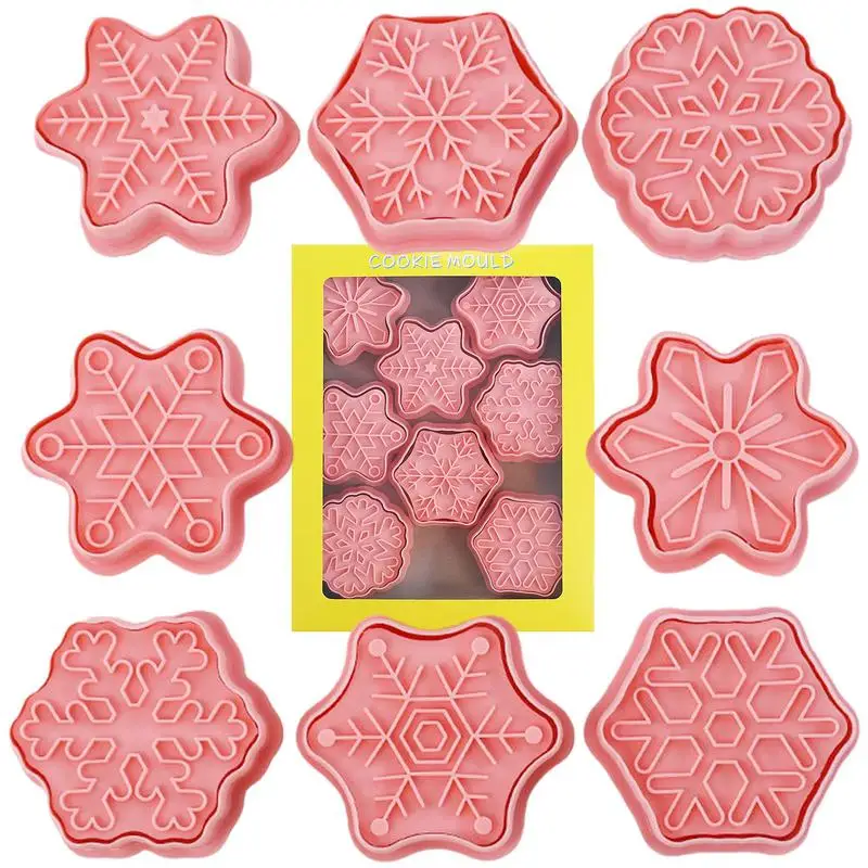 

Snowflake Cookie Cutters 8pcs Cookie Stamps For Baking Festival Themed Biscuit Cutter One-click Ready-to-use Styling Christmas