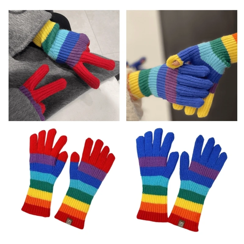 

Winter Full Finger Knit Mitten with Rainbow Color Striped Gloves for Adult Teens T8NB