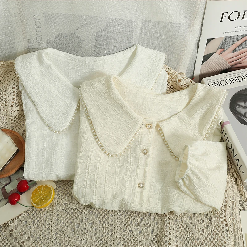 

Chic Spring Autumn Women Peter Pan Collar Shirt French Vintage Beading Puff Long Sleeve Cardigans Casual Female Tops