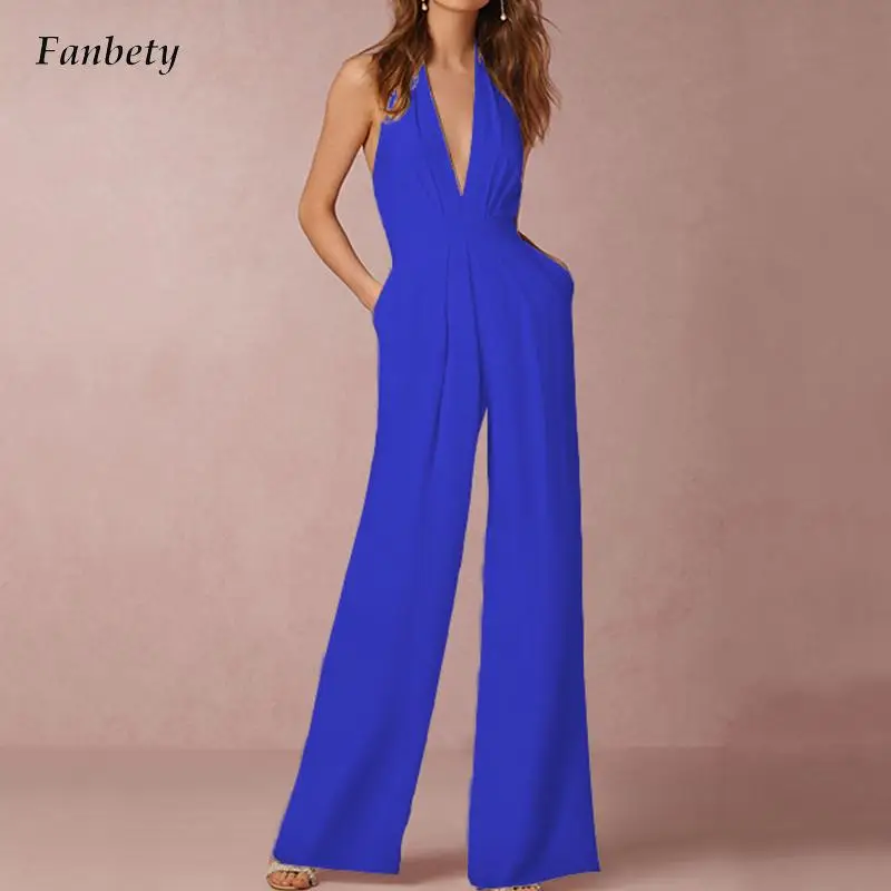 Sexy Deep V-neck Hanging Neck Long Jumpsuit Office Fashion Commuter Solid Playsuit Overalls Women Elegant Pocket Straight Romper
Sexy Deep V-neck Hanging Neck Long Jumpsuit Office Fashion Commuter Solid Playsuit Overalls Women Elegant Pocket Straight Romper