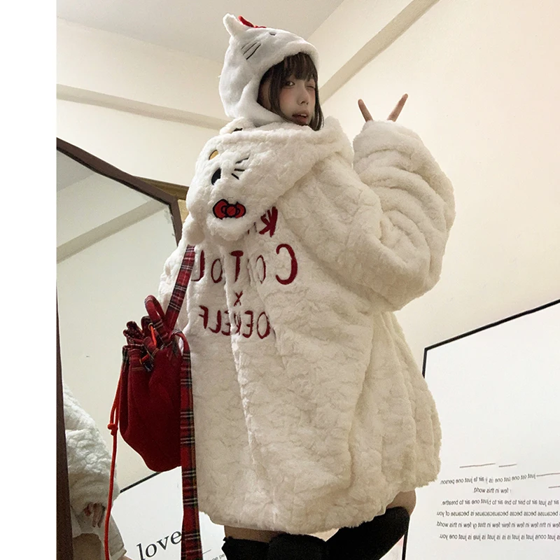 

New Hello Kittys Sherpa Hooded Jacket Kawaii Sanrios Anime Cartoon Woman Autumn Winter Stylish and Warm Kt Soft Girl Cotton Coat