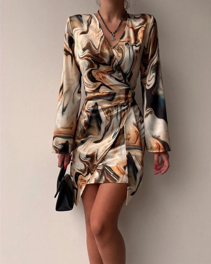 

Women's Urban Style Dress 2024 Spring Summer Latest Sexy V-Neck Marble Print Long Sleeves Wrapped Mini Dress Ruched Zipper Skirt