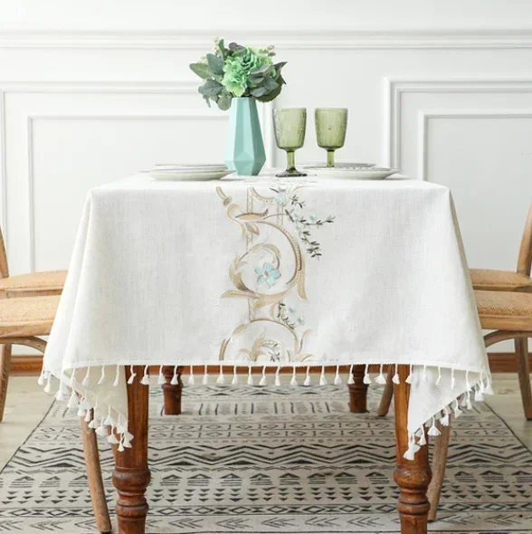 

2023 Fashion floral design fringe decorated linen tablecloth, rectangular table cover, wedding, tea