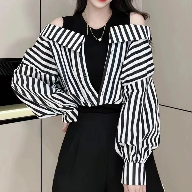 Women Sexy Off Shoulder Striped Print Patchwork Shirts Korean Fashion Fake Two Pieces Chic Blouse Casual Simple Long Sleeve Tops
Women Sexy Off Shoulder Striped Print Patchwork Shirts Korean Fashion Fake Two Pieces Chic Blouse Casual Simple Long Sleeve Tops