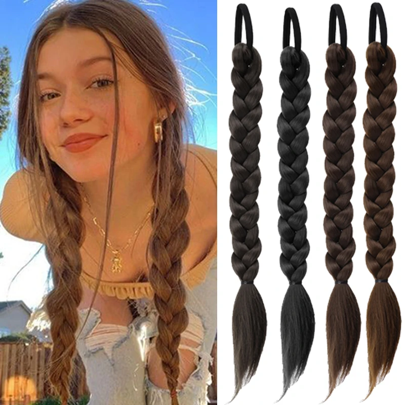 

Fashion Synthetic Braided Ponytails Hair Extensions For Women With Elastic Hair Band Hairpieces Natural Black Brown Fake Hair