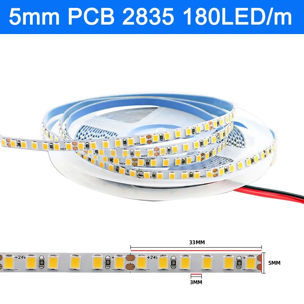 Ultra Thin 5mm Width PCB 2835 Flexible LED Strip 120LEDs/m 180LEDs/m 12V 24V DC Cabinet Display Showcase Cool Warm White 4000K
Ultra Thin 5mm Width PCB 2835 Flexible LED Strip 120LEDs/m 180LEDs/m 12V 24V DC Cabinet Display Showcase Cool Warm White 4000K