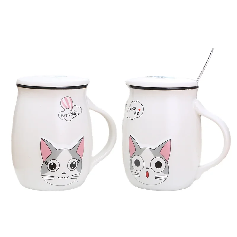 

HF 400ml Cute Cat Ceramic Mug With Lid and Spoon Cartoon Coffee Milk Tea Breakfast Cup Novelty Gifts Mugs