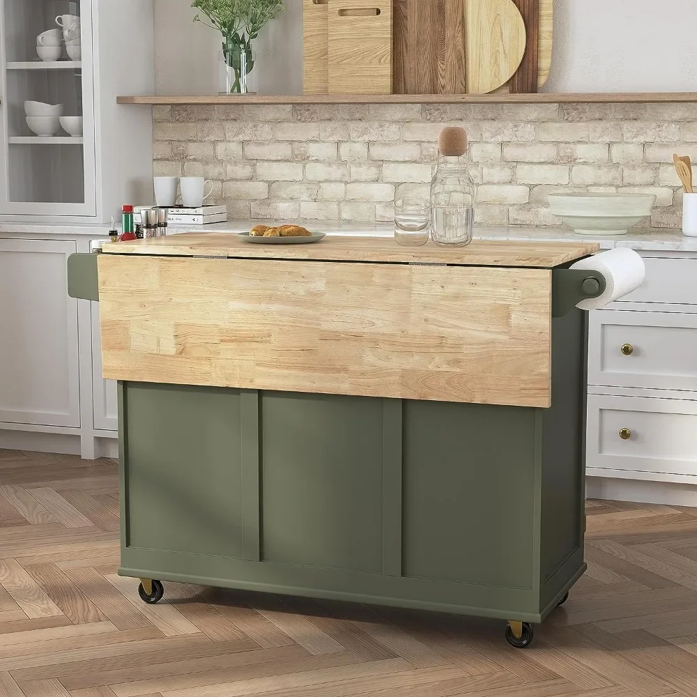 

Kitchen Island Cart with Storage Space, Mobile Kitchen Island Cart with Wooden Countertop and Dripleaf Breakfast Bar