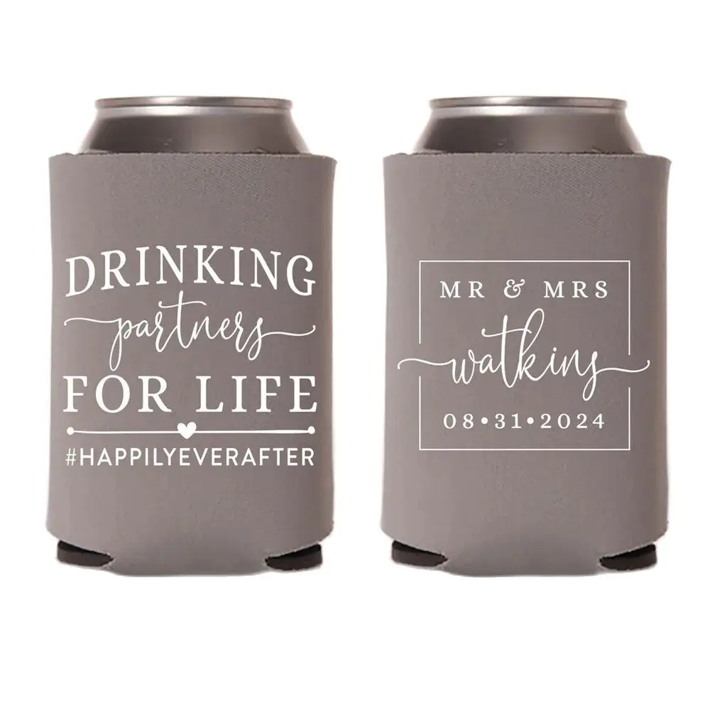 

Wedding Can Cooler #154R - Drinking Partners For Life - Custom - Wedding Favors, Insulated, Beer Huggers, Wedding Favor, Beer Ho