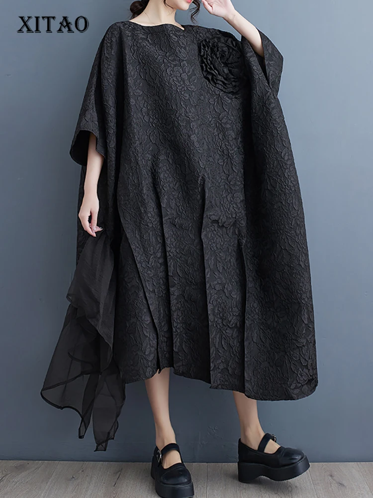 

XITAO Gauze Patchwork Batwing Sleeve Dresses Asymmetrical Solid Color Three-dimensional Decoration Loose Dress Spring DMJ3845