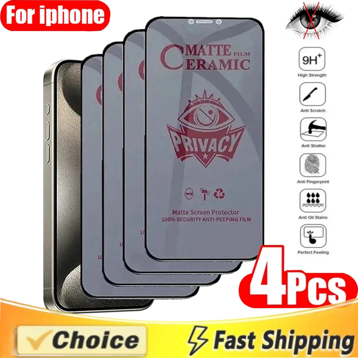 4Pcs Matte Ceramic Privacy Screen Protector for IPhone 15 14 12 13 11 Pro Max Mini 7 8 Plus Anti-spy Film for IPhone X XR XS MAX
4Pcs Matte Ceramic Privacy Screen Protector for IPhone 15 14 12 13 11 Pro Max Mini 7 8 Plus Anti-spy Film for IPhone X XR XS MAX