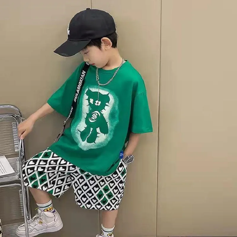 Summer Boys Green Cartoon Short-Sleeved T-shirt Tops+Drawstring Short Pants Suit School Kids Tracksuit Child 2PC Outfit 3-14Yrs
Summer Boys Green Cartoon Short-Sleeved T-shirt Tops+Drawstring Short Pants Suit School Kids Tracksuit Child 2PC Outfit 3-14Yrs