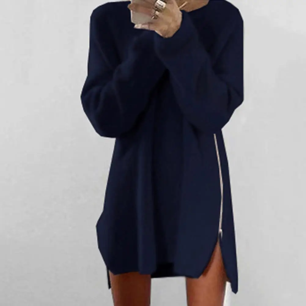 

Side Zipper Women Dress Autumn Women Solid Color Long Sleeve Zipper Slit Side Loose Sweater Dress Casual Elegant Mini Dress Robe