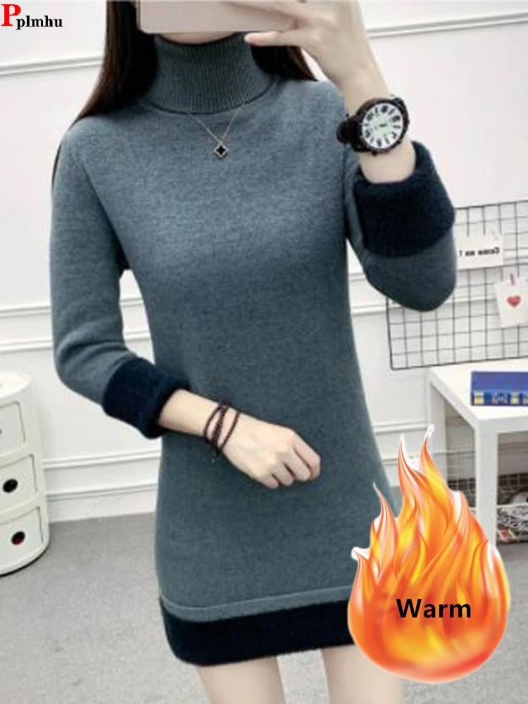 

Winter Mid Length Pullovers Add Velvet Turtleneck Sweater Slim Thick Pull Soft Warm Casual Solid Color Knitted Long Sleeve Top