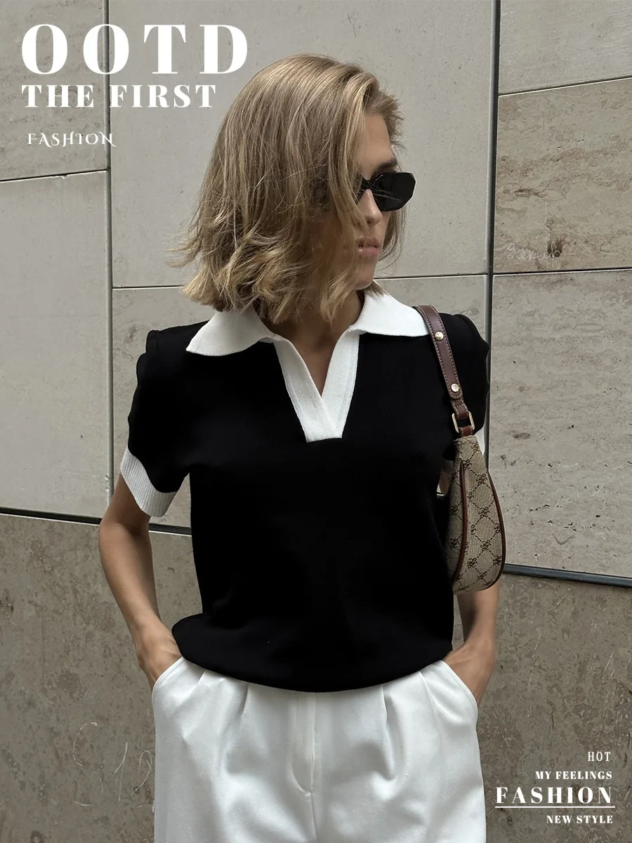 2026 Summer New Short Sleeved Knitted Sweater Temperament Commuting Polo Collar Contrasting Color Slim Fit Knitted Top 92 Se09a288a084747d2b35929eac5921cb6P