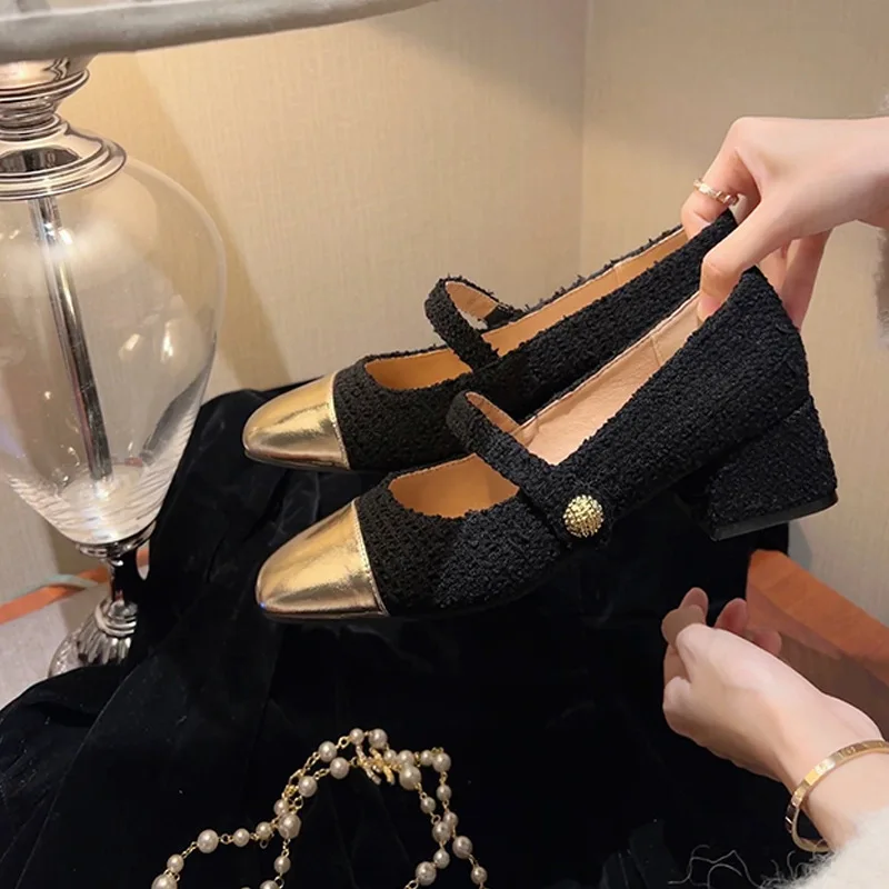 

2023 New French Woolen Small Fragrance Colored Thick Middle Heel Round Toe Shallow Mouth High Heel Single Shoes for Women