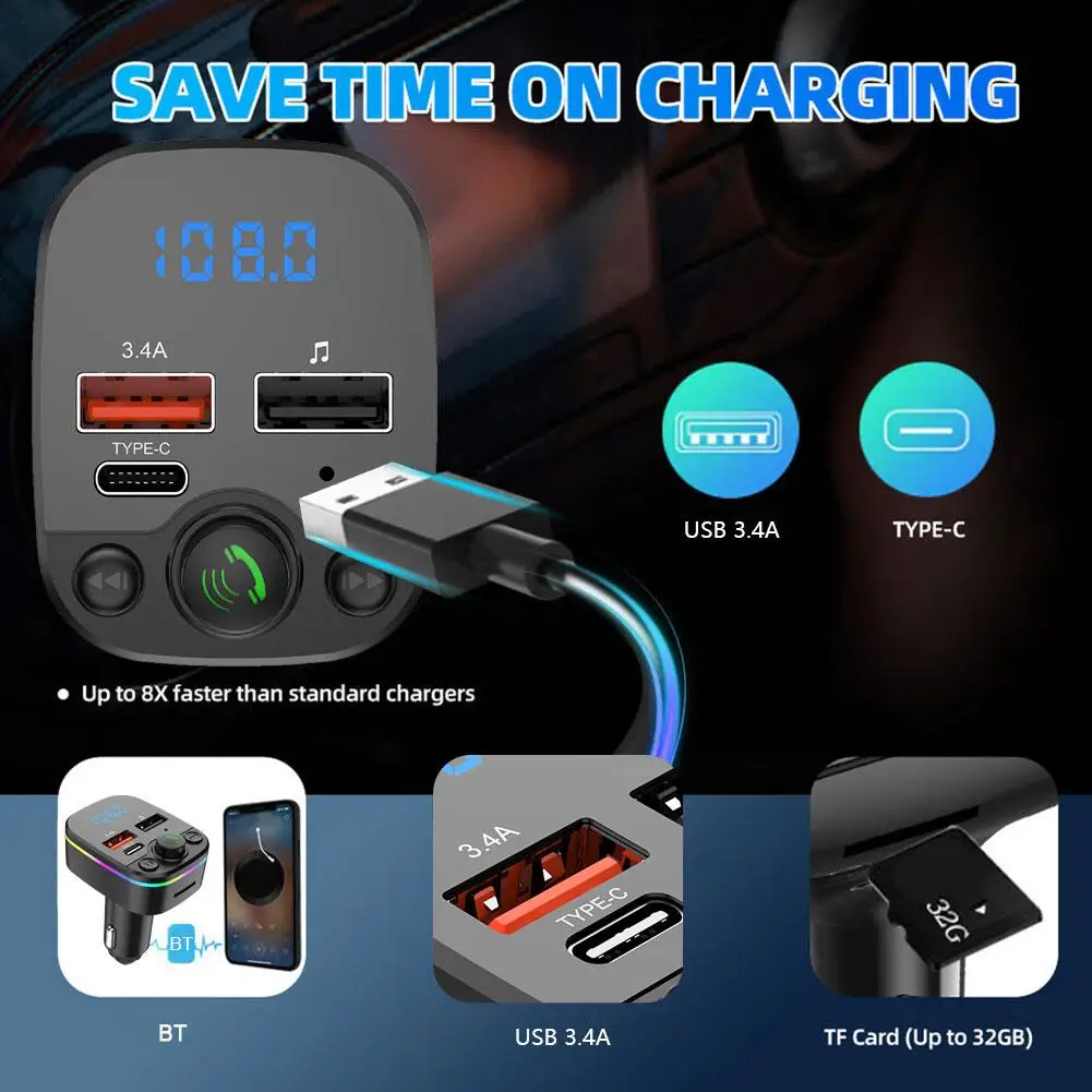 

Wireless FM Radio Kit Bluetooth 5.0 Car FM Transmitter MP3 Light Colorful Charger Handsfree And Play With Ambient Modulator M4I2