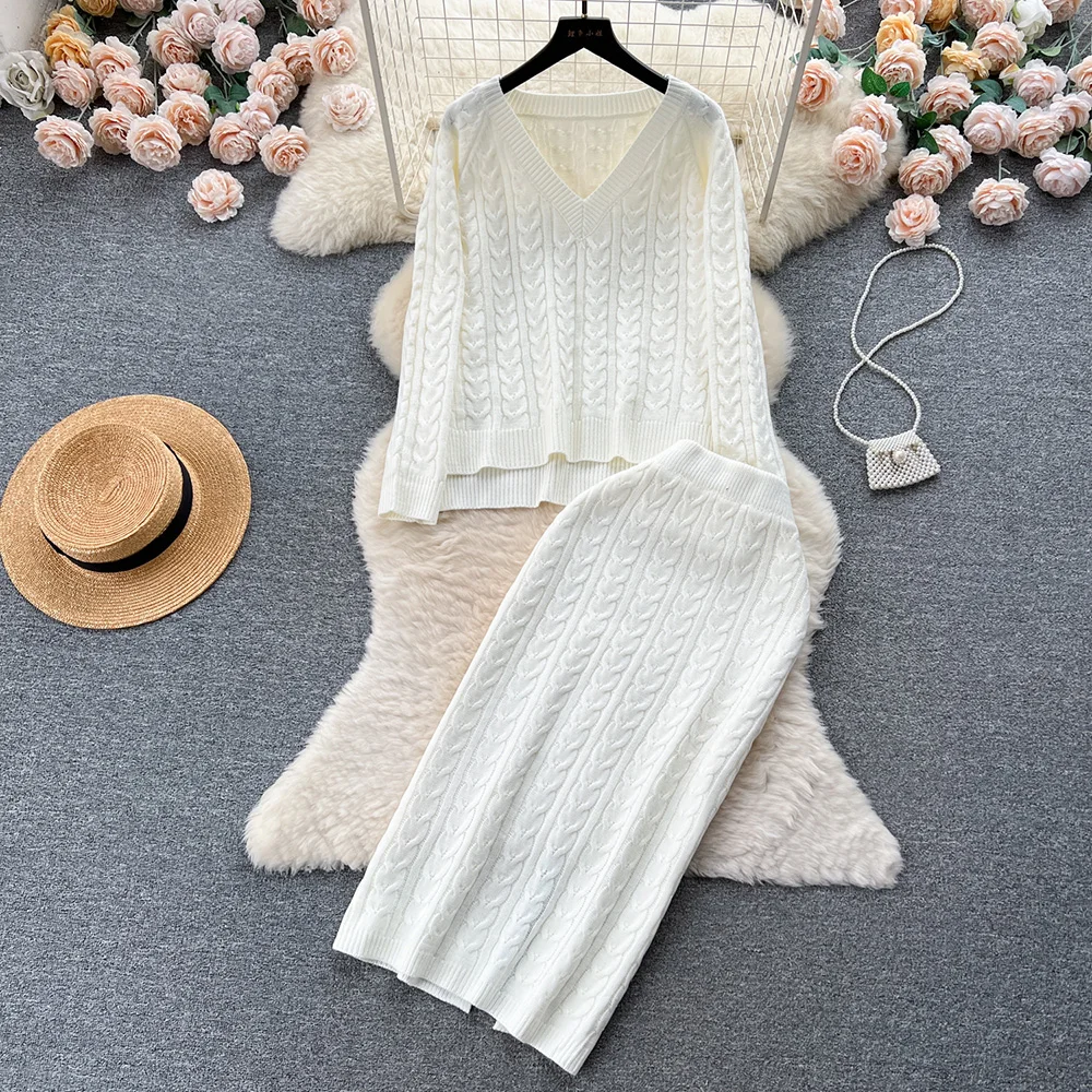 

Croysier Autumn Winter Women Casual Cable Knit Two Piece Set Pullover Sweater And Back Slit Pencil Midi Skirt Co Ord Sets 2023