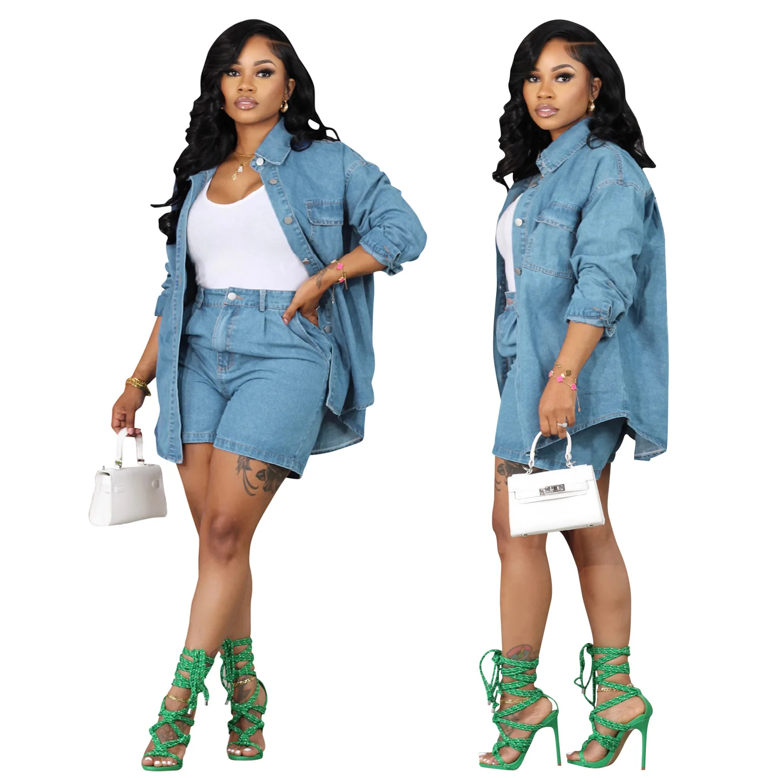 Women Jeans Two Piece Set Turn Down Collar Full Sleeve Single Breasted Long Jackets Top High Waist Shorts Casual Denim Suits
Women Jeans Two Piece Set Turn Down Collar Full Sleeve Single Breasted Long Jackets Top High Waist Shorts Casual Denim Suits