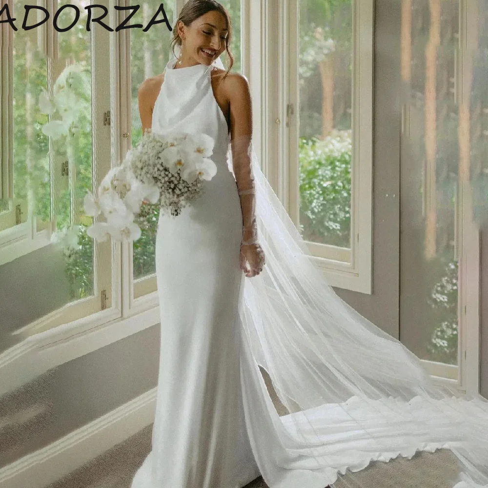 

Adorza Mermaid Wedding Dresses Simple Charming Halter Open Back Soft Satin Court Train Bridal Gown فستان حفلات الزفاف váy cưới