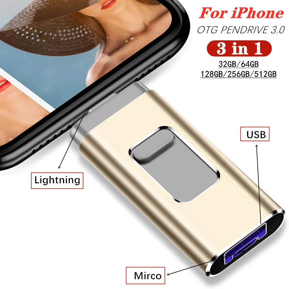 

for iphone iPad iso 3in1 USB 3.0 Flash Drive 256GB 128GB 64GB 32G Metal Pendrive Android OTG Mirco USB Memory stick Custom LOGO