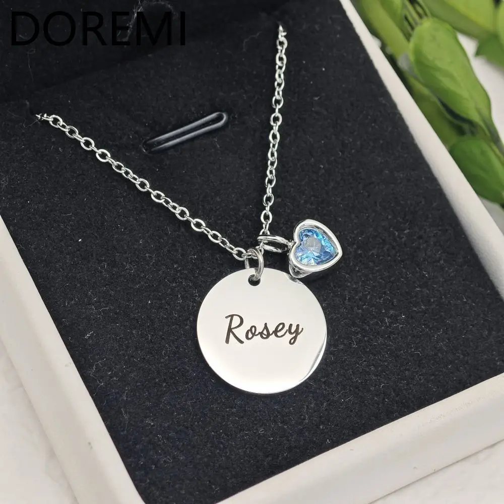 

DOREMI Custom Engraved Letter Personalized Name Necklace Heart Birthstone Charm Round Coin Pendant Blank Mom Gift Necklace