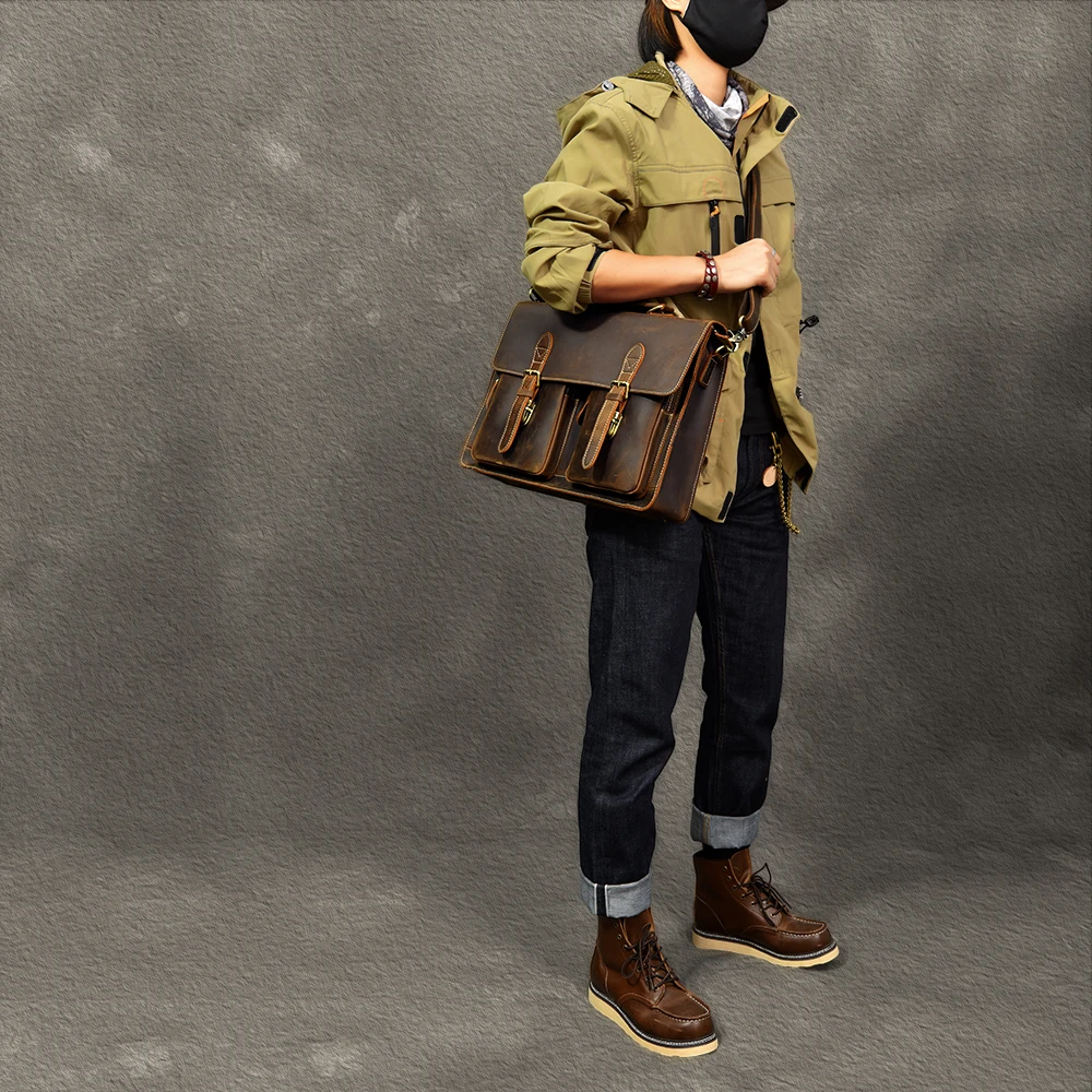 

High Quality Classic British Style Men's Cowhide Handbag Crazy Horse Leather Shoulder Crossbody Messenger Bag