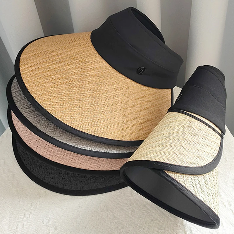 

Large Black Brim Straw Hat for Women Summer UV Sunshade Sun Protection Hat Outdoor Travel Vacation Visors Girl Beach Accessories