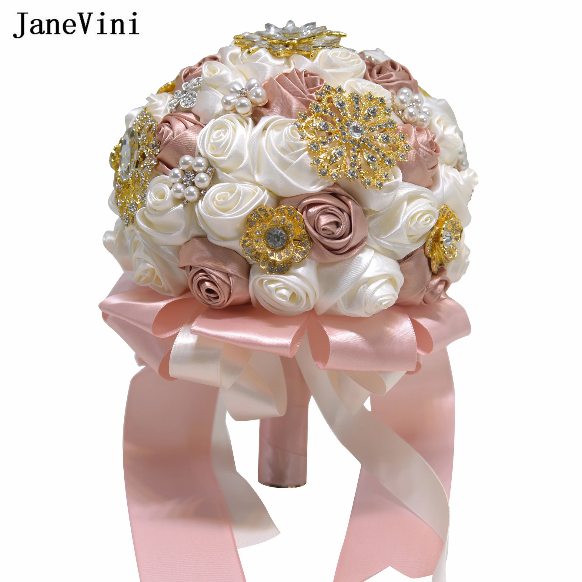 

JaneVini 2023 Stunning Ivory Flowers Bridal Bouquets with Rhinestone Pearls Artificial Satin Roses Ribbon Handle Wedding Bouquet