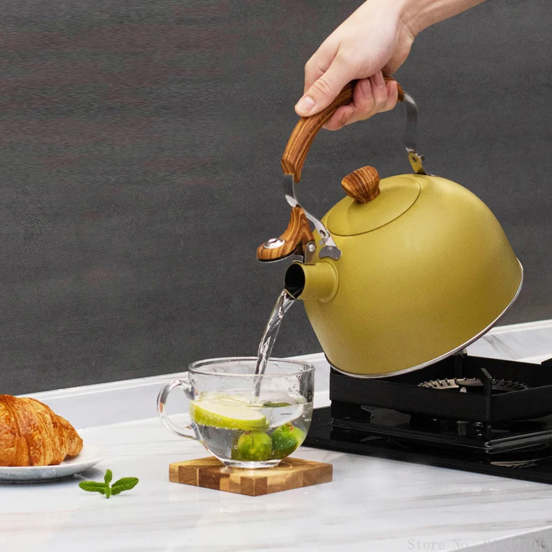 

New wood-grain handle olive green pot European-style sounding kettle flat bottom thickened kitchen whistle boiling kettle