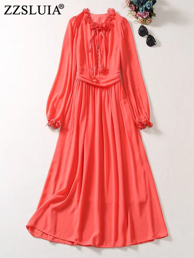 

ZZSLUIA 3D Flower Appliques Designer Slim Vintage Midi Dress Fashion Lantern Sleeve Folds Lacing Elegant Dresses Female Clothing