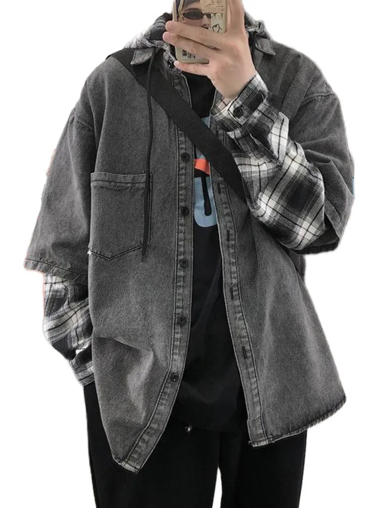 Men's Patchwork Denim Jackets Plaid Stitching Detachable Hat Trend Cityboy Fashion Shirts Loose Coats Outerwear
Men's Patchwork Denim Jackets Plaid Stitching Detachable Hat Trend Cityboy Fashion Shirts Loose Coats Outerwear