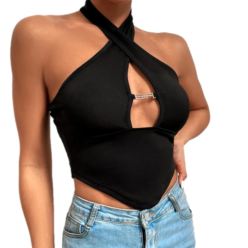 

Women's Sexy Tanks Solid Color Crossover Halter Neck Knitting Shirt Slim Basics Spring Summer Tight Fitting Ladies T-Shirt Top