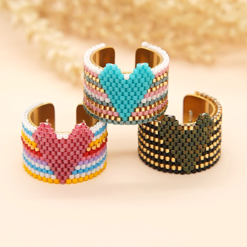 

YASTYT Handmade Lover Rings Miyuki Seed Beads Braided Colorful Heart Shaped Cute Stainless Steel Rings for Women