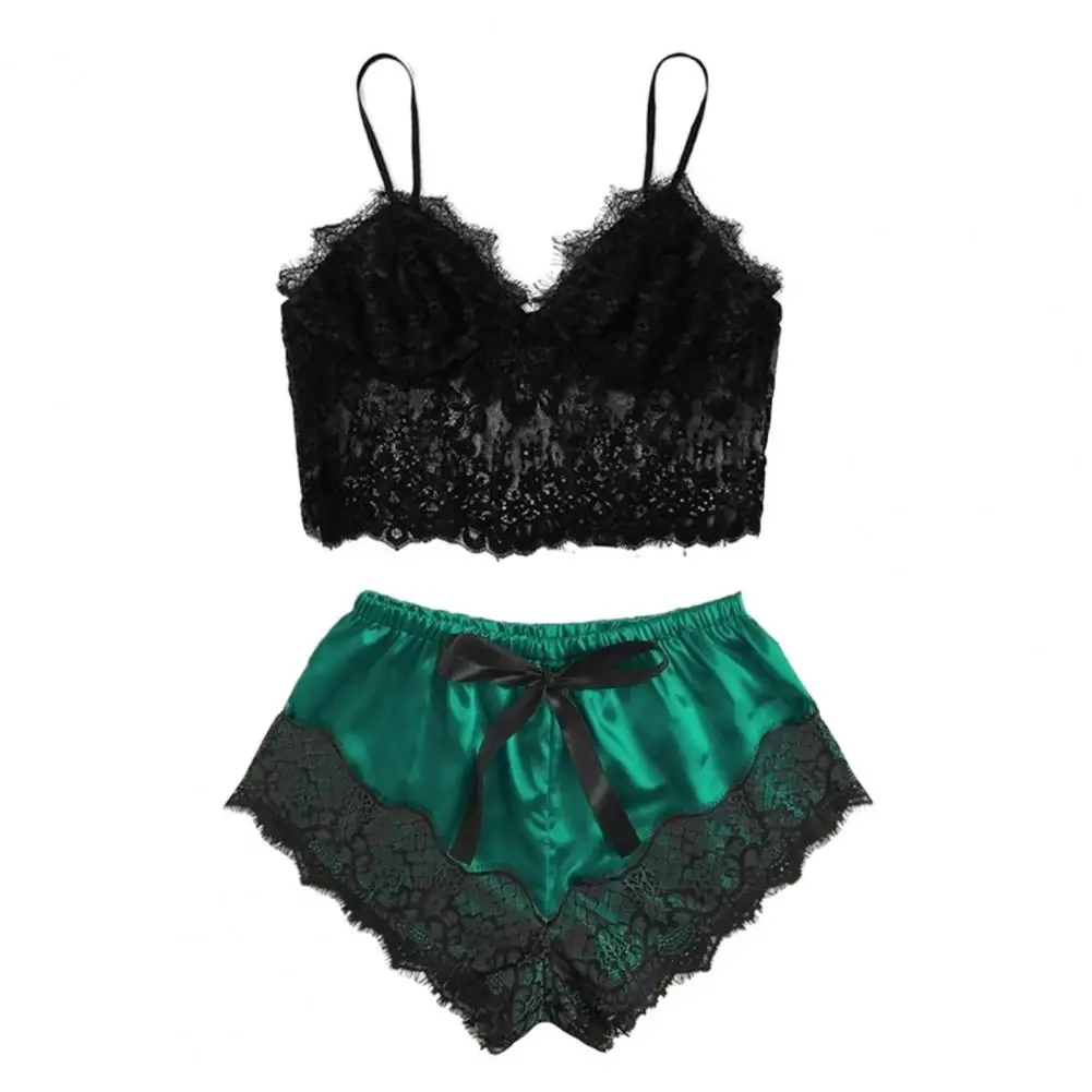 Sexy Lace Satin Pajama Set Elegant Lace Trim Sleepwear Set with Backless Sling Vest Smooth Satin Shorts for Women See-through
Sexy Lace Satin Pajama Set Elegant Lace Trim Sleepwear Set with Backless Sling Vest Smooth Satin Shorts for Women See-through