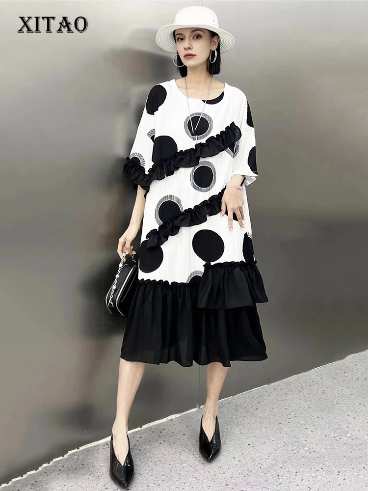 

Повседневное шифоновое платье XITAO контрастных цветов, модное свободное платье-пуловер с оборками и круглым вырезом на подоле LYD1731
