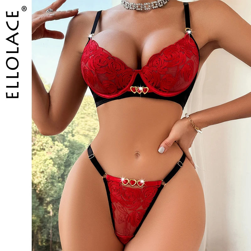 

Ellolace Erotic Lingerie With Lace Women 2 Piece Set Outfit Push Up Red Bra Sexy Embroidery Bride Underwear Erotic Intimate